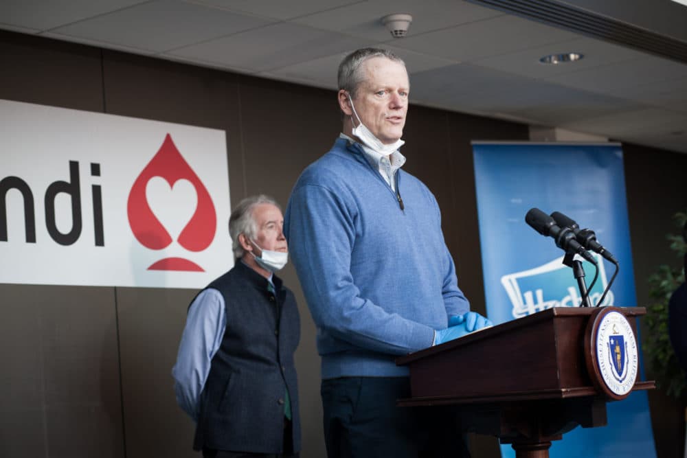 Gov. Charlie Baker gives a press conference at the Cartamundi plant in East Longmeadow. The plant, in partnership with Hasbro, is making clear plastic face shields as personal protective devices for health care workers, first responders and law enforcement. (Douglas Hook/MassLive)