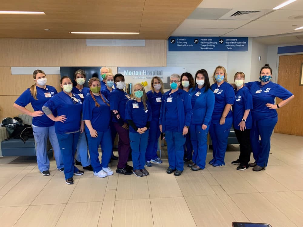 This group of nurses traveled from Florida to Morton Hospital in Taunton to help treat patients with COVID-19. (Courtesy Steward Health Care)