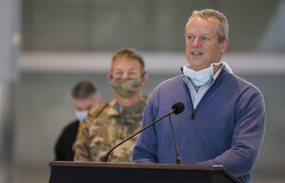 Gov. Charlie Baker gives a press conference in the Boston Convention and Exhibition Center on April 18, 2020. (Blake Nissen/The Boston Globe)