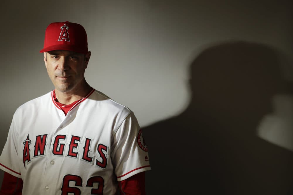 In 2017, Scott Radinsky of the Los Angeles Angels' bullpen coach. (Chris Carlson/AP)