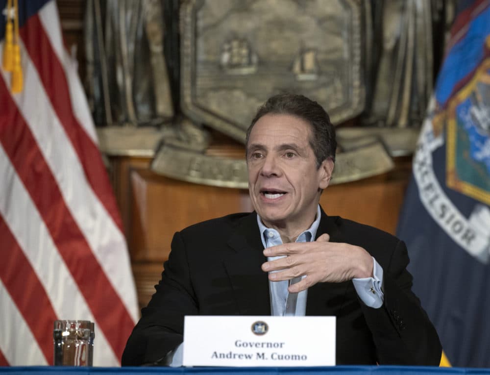 Gov. Cuomo provides a coronavirus update during a press conference in the Red Room at the State Capitol in Albany. (Mike Groll/Office of Governor Andrew M. Cuomo via AP)