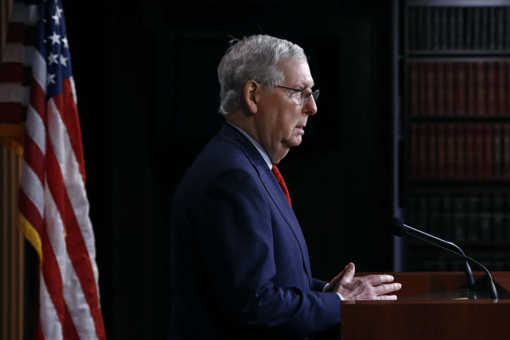 Senate Majority Leader Mitch McConnell of Ky., speaks with reporters after the Senate approved a nearly $500 billion coronavirus aid bill, Tuesday, April 21, 2020, on Capitol Hill in Washington. (Patrick Semansky/AP Photo)