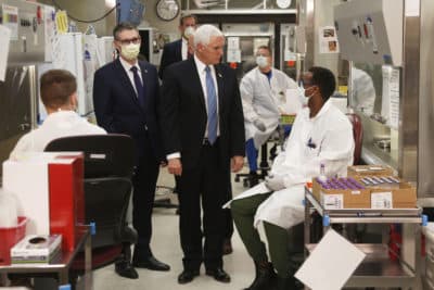 Vice President Mike Pence visits the molecular testing lab at Mayo Clinic Tuesday, April 28, 2020, in Rochester, Minn., where he toured the facilities supporting COVID-19 research and treatment. (Jim Mone/AP Photo)