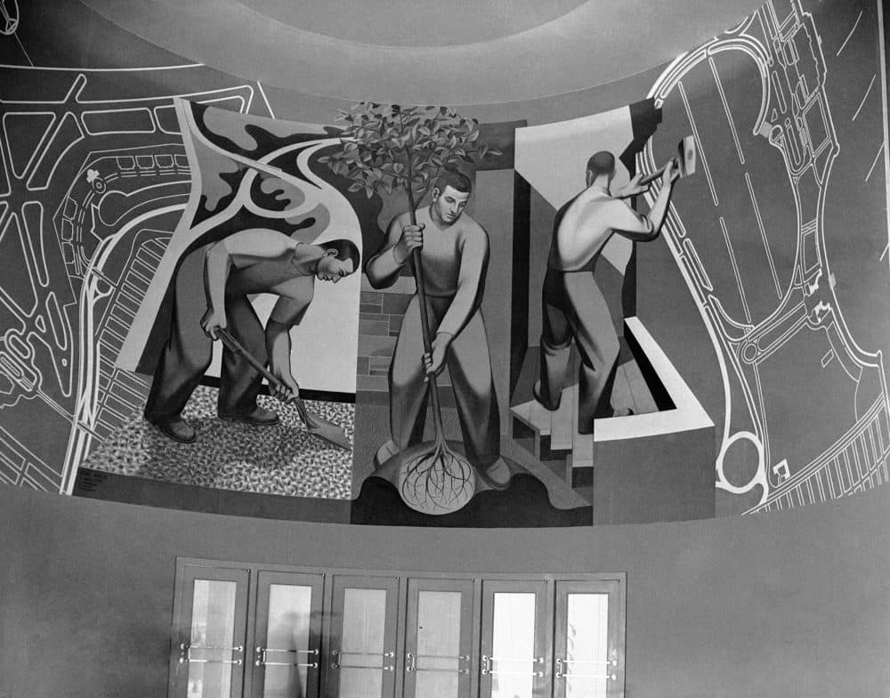 A mural above an entrance shows WPA workers planting trees and building parks at the Worlds Fair in New York on May 3, 1939. (AP)