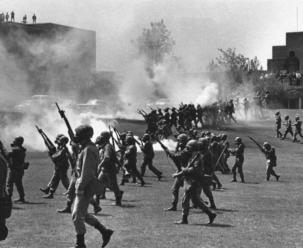 On May 4, 1970, Ohio National Guard moved in on rioting students at Kent State University in Kent, Ohio. Four people were killed and eleven wounded when National Guardsmen opened fire. (AP Photo, File)