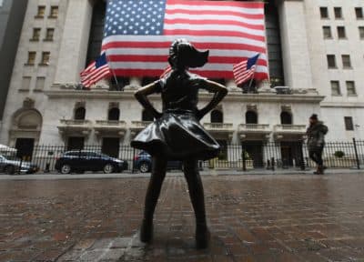 The Fearless Girl statue stands in front of the New York Stock Exchange near Wall Street on March 23, 2020 in New York City. (Angela Weiss/AFP via Getty Images)