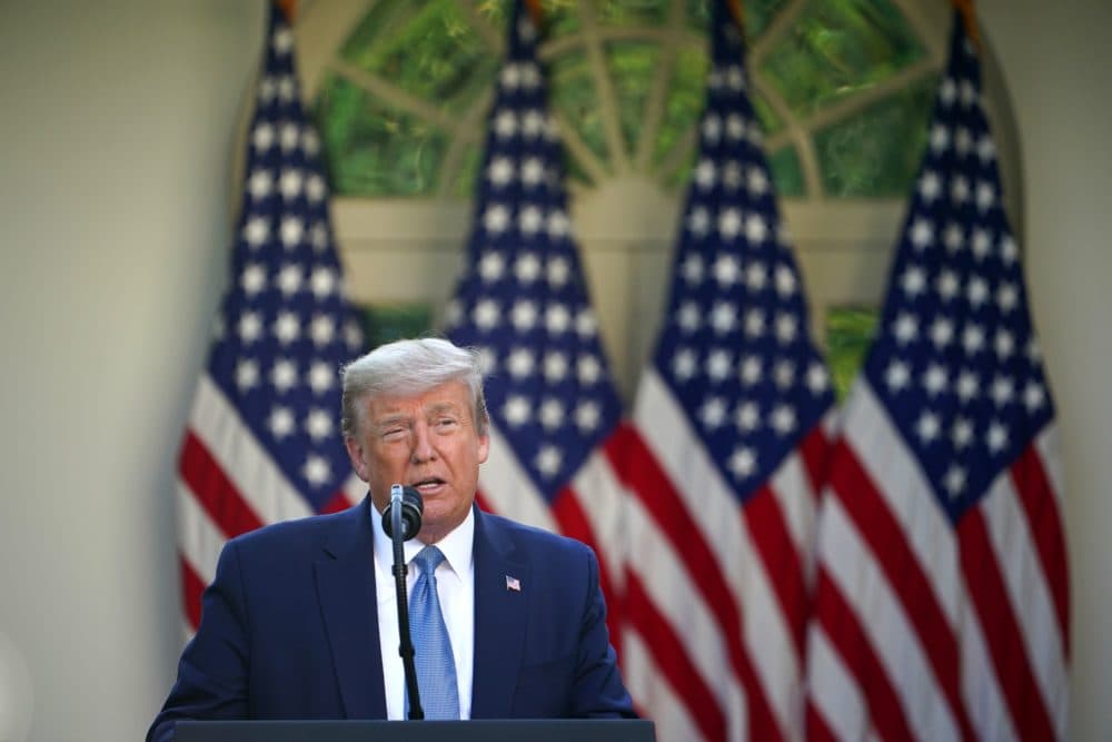 U.S. President Donald Trump speaks during the daily briefing on the novel coronavirus, COVID-19, at the Rose Garden of the White House on April 15, 2020, in Washington, DC. (MANDEL NGAN/AFP via Getty Images)