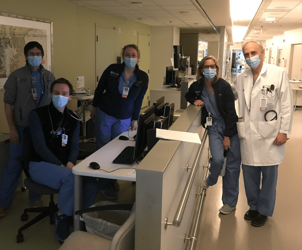 The author, Dr. Walter J. O'Donnell (right) with members of his Massachusetts General Hospital ICU team, from left: Maclean Sellars, M.D., Hayden Andrews, M.D, Nicole Curatola, M.D.,  Kelsey Hills-Evans, M.D. (courtesy).