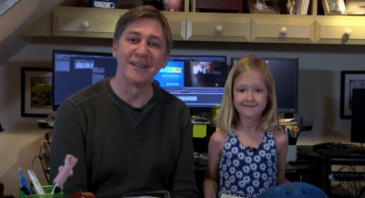 Steve Hartman and his daughter, Meryl, as they teach their Kindness 101 class from his home office in Catskill, N.Y. (Courtesy)