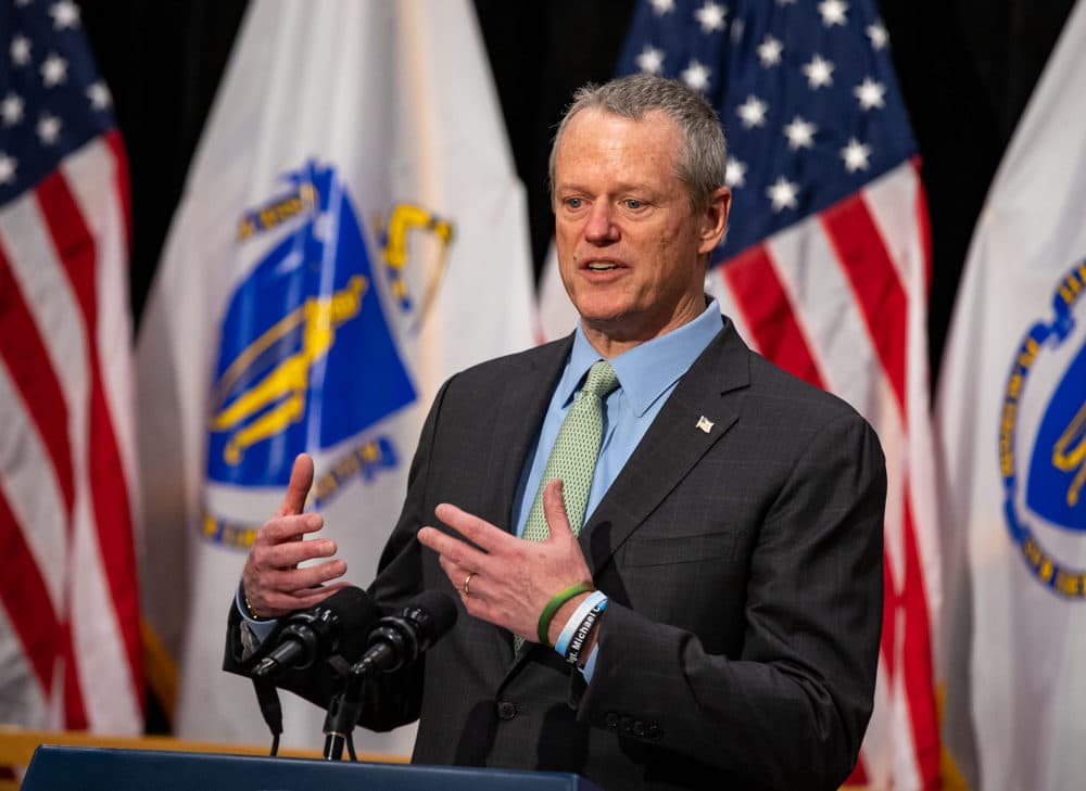 Gov. Charlie Baker teared up at the end of his daily briefing Wednesday, pausing for 10 seconds while talking about how his best friend's mother died of COVID-19 and the &quot;brutal&quot; psychological impact on families who cannot hold funerals or memorial services to say goodbye. (Sam Doran/State House News Service)