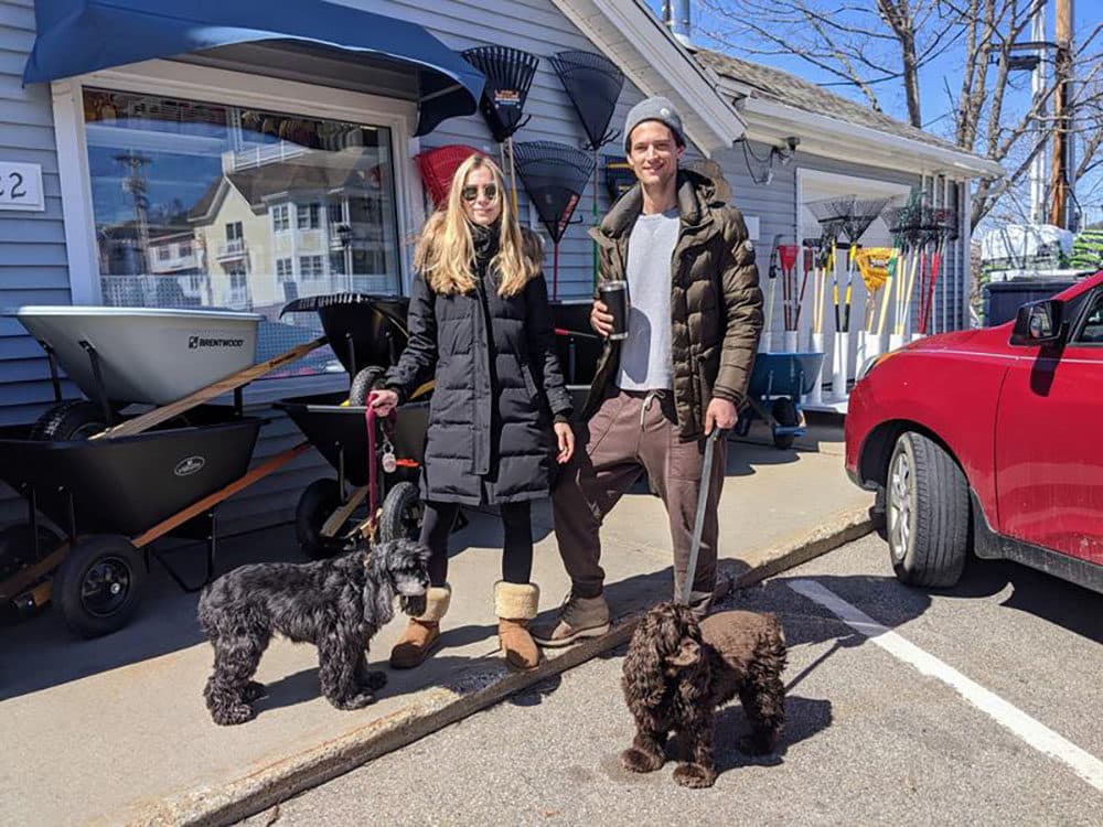 New Yorkers Lauren Gaudette and Garrett Neff left Manhattan three weeks ago to hunker down and avoid coronavirus in Gaudette's family lake house in Wolfeboro. (Annie Ropeik/NHPR)