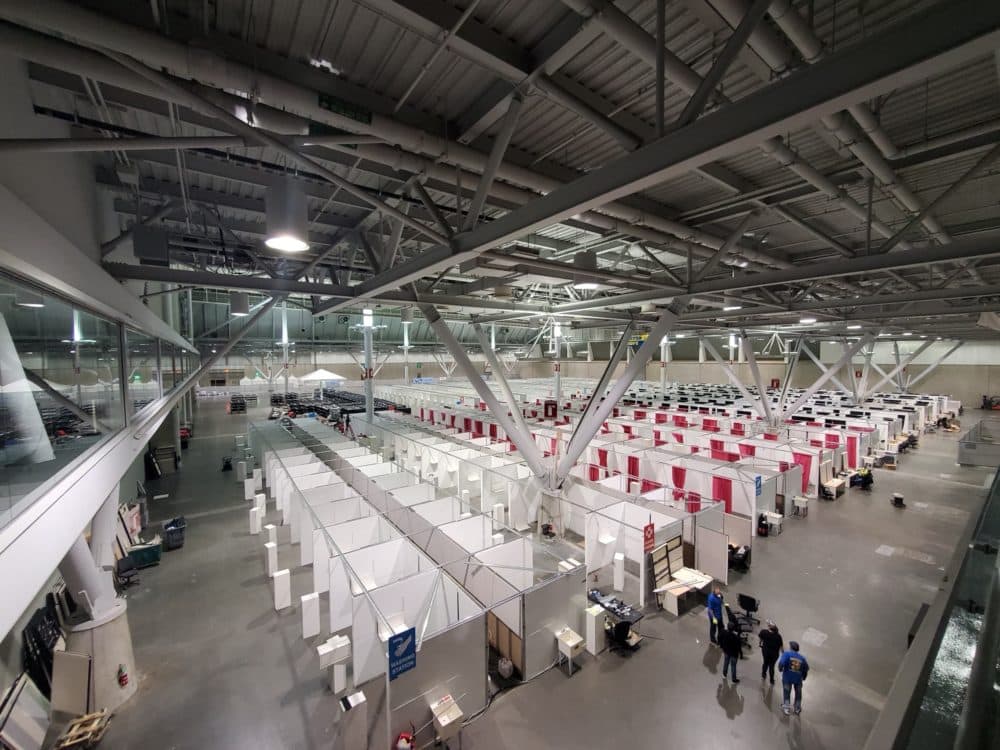 Boston Hope, a 1,000-bed field hospital, being set up in the Boston Convention and Exposition Center (Courtesy Teamsters Local 25)