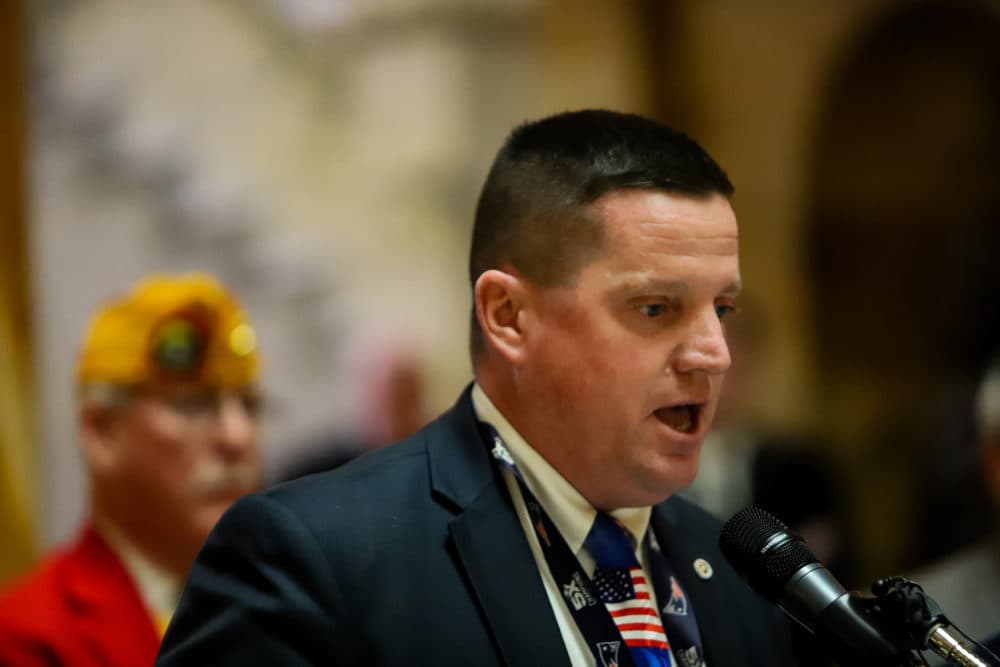 Holyoke Soldiers' Home Superintendent Bennett Walsh speaking at the 2020 Iwo Jima Day ceremony at the State House. (Photo: Chris Van Buskirk/SHNS/File)