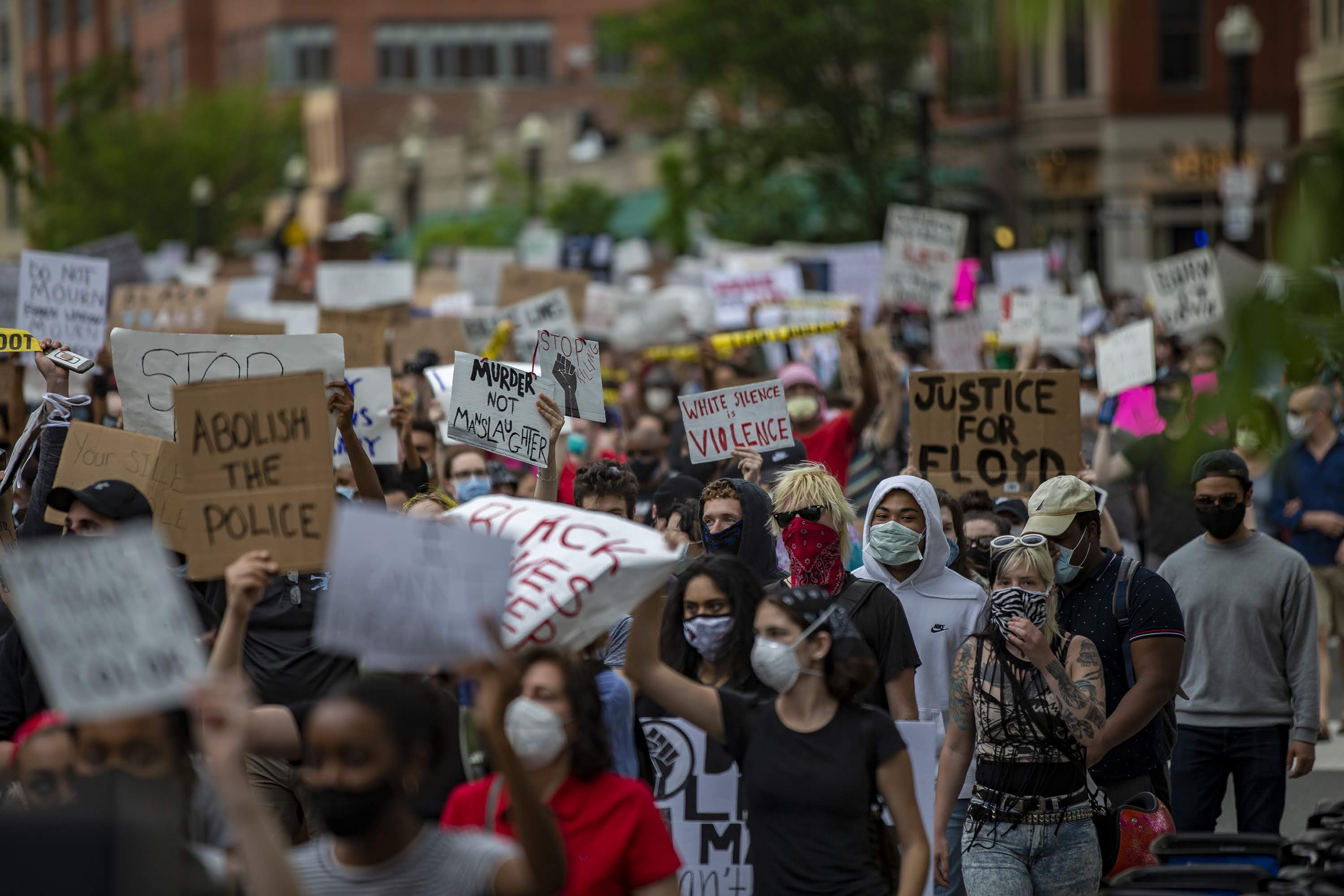 About a thousand protesters march down Washington Street in Boston in outrage over the killing of George Floyd, joining other protests nationwide. (Jesse Costa/WBUR