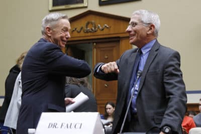 Rep. Stephen Lynch, D-Mass., left, bumps elbows with Dr. Anthony Fauci, director of the National Institute of Allergy and Infectious Diseases, prior to testimony from Fauci before a House Oversight Committee hearing on preparedness for and response to the coronavirus outbreak on Capitol Hil, March 11, 2020. (Patrick Semansky/AP)