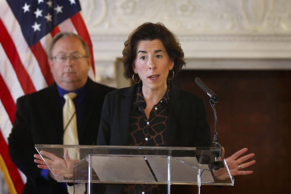 R.I. Gov. Gina Raimondo gives an update on the coronavirus during a news conference in the State Room of the Rhode Island State House in Providence, R.I. (Kris Craig/Providence Journal via AP)