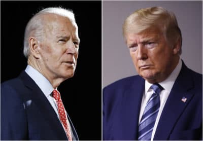In this combination of file photos, former Vice President Joe Biden speaks in Wilmington, Del., on March 12, 2020, left, and President Donald Trump speaks at the White House in Washington on April 5, 2020. (AP Photos)