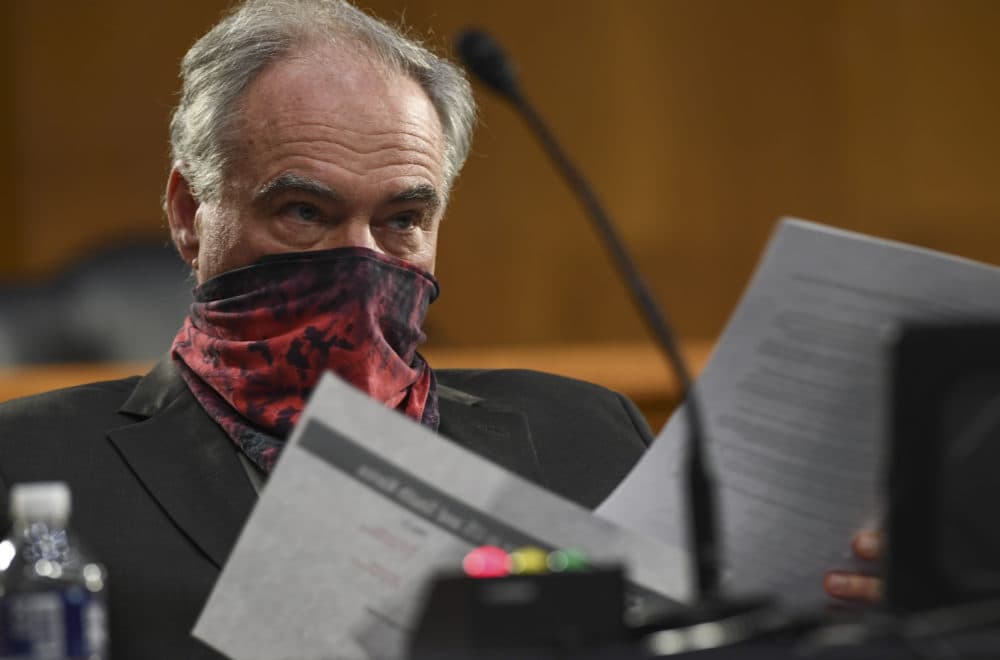 Sen. Tim Kaine, D-Va., listens to testimony before the Senate Committee for Health, Education, Labor, and Pensions hearing, Tuesday, May 12, 2020 on Capitol Hill in Washington. (Toni L. Sandys/The Washington Post via AP Pool)