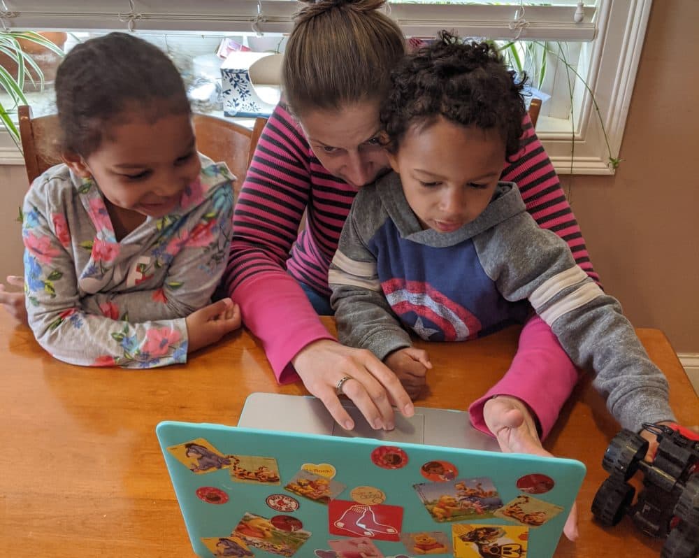 Caroline Alexis with her two kids on connect for a class Zoom meeting.  (Courtesy)