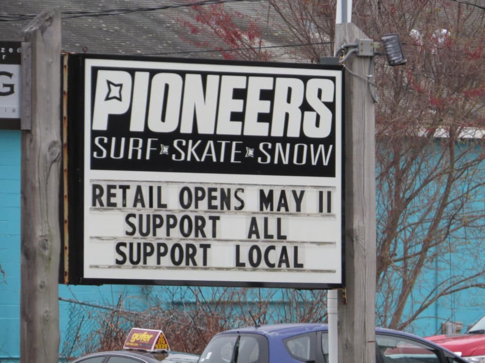 Starting Monday, March 11, retailers across New Hampshire, including Pioneers Board Shop in North Hampton, can begin letting customers inside as the state loosens restrictions related to the ongoing pandemic. (Dan Tuohy/NHPR)
