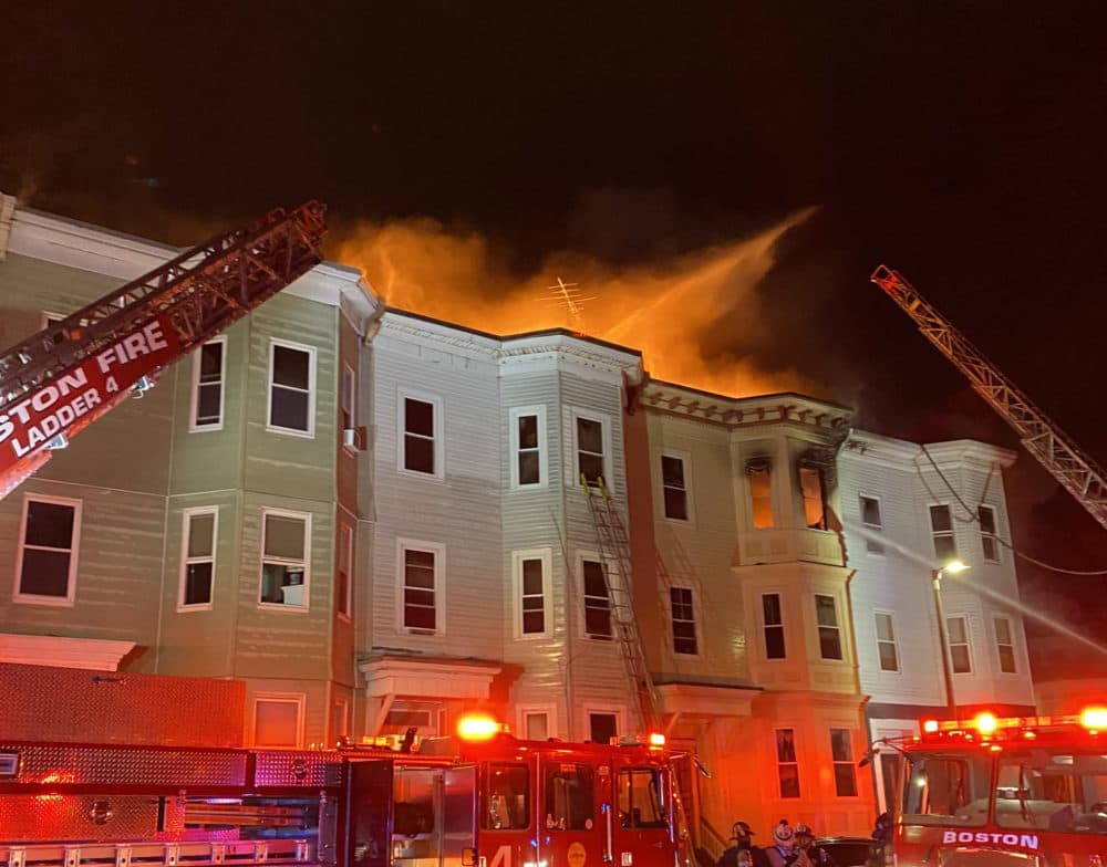 A 7-alarm fire burns early in the morning Columbia Road in South Boston, Saturday, May 30. (Photo courtesy of the Boston Fire Department)