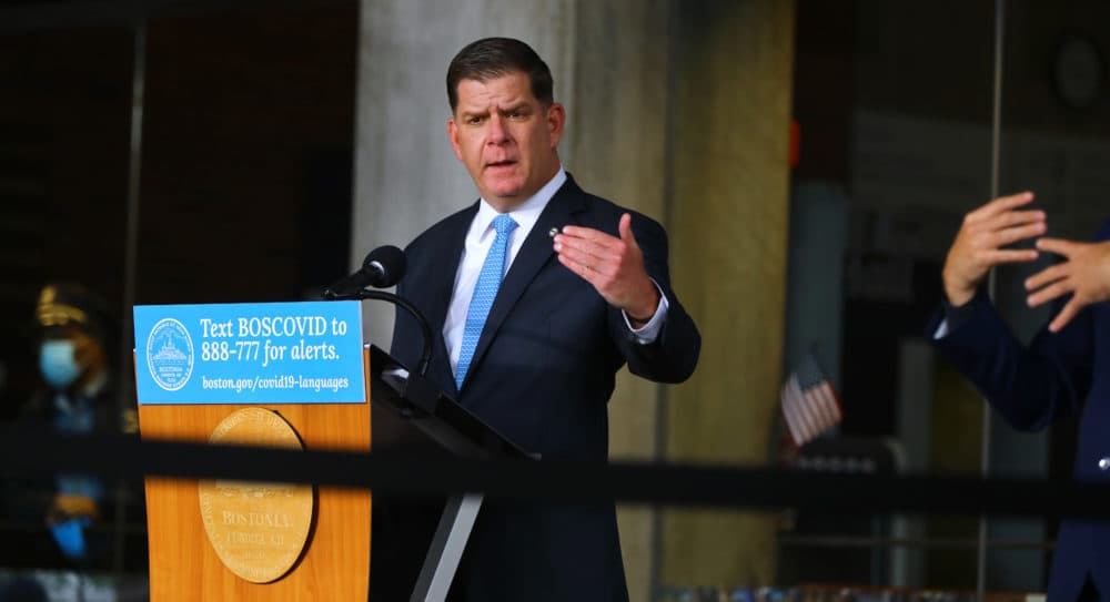 Boston Mayor Marty Walsh gives a COVID-19 update, in front of City Hall, during the coronavirus pandemic. (Pat Greenhouse/The Boston Globe)
