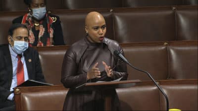 In this image from video, Rep. Ayanna Pressley, D-Mass., speaks on the floor of the House of Representatives at the U.S. Capitol in Washington on April 23. (House Television via AP)