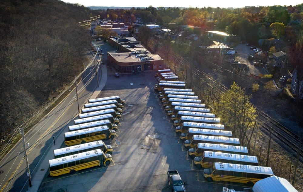 Rows of school buses parked on Pleasant Street in Belmont, Mass. (Robin Lubbock/WBUR)