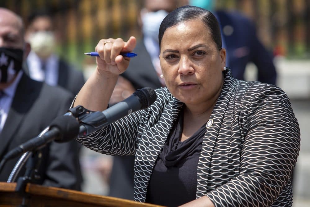 Rachael Rollins, speaking Tuesday, June 2, 2020 at the gates of the Massachusetts State House. (Robin Lubbock/WBUR)