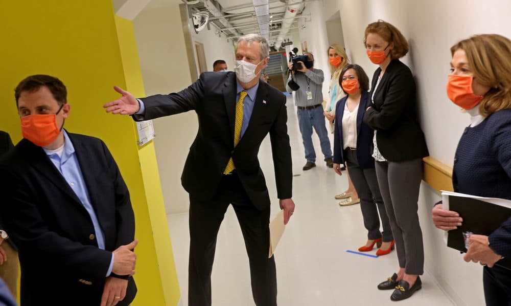 Gov. Charlie Baker gave his Friday afternoon news conference after touring Cambridge's LabCentral, a launchpad for biotech and life sciences startups. (Matt Stone/Boston Herald/Pool)