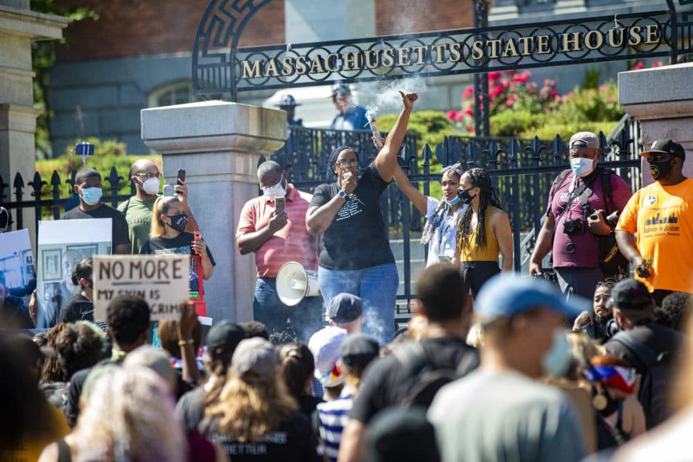 March organizer Monica Cannon-Grant speaks to protesters gathered in front of the Massachusetts State House during the Juneteenth protest and march in honor of Rayshard Brooks. (Jesse Costa/WBUR)