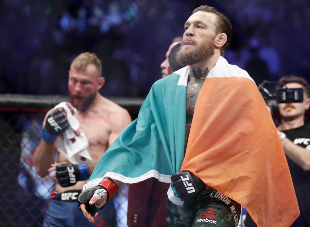 Conor McGregor, sporting a Reebok logo on his trunks, celebrated a victory at an Ultimate Fighting Championship event in January. (John Locher/AP)