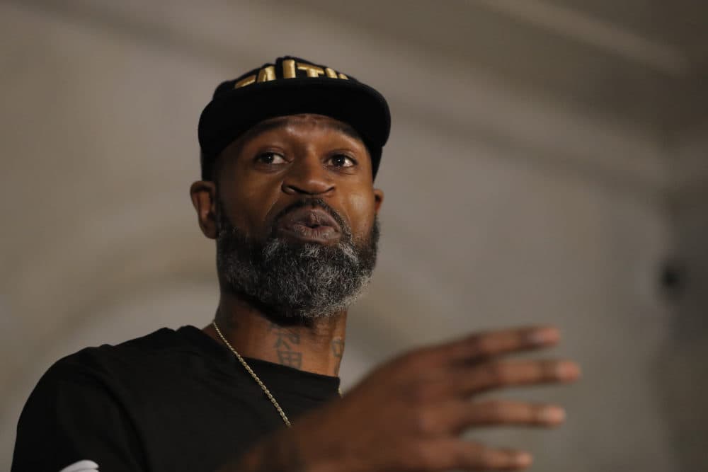 Former NBA player Stephen Jackson, a friend of George Floyd, speaks during a news conference on Tuesday in Minneapolis, Minn. (Julio Cortez/AP)