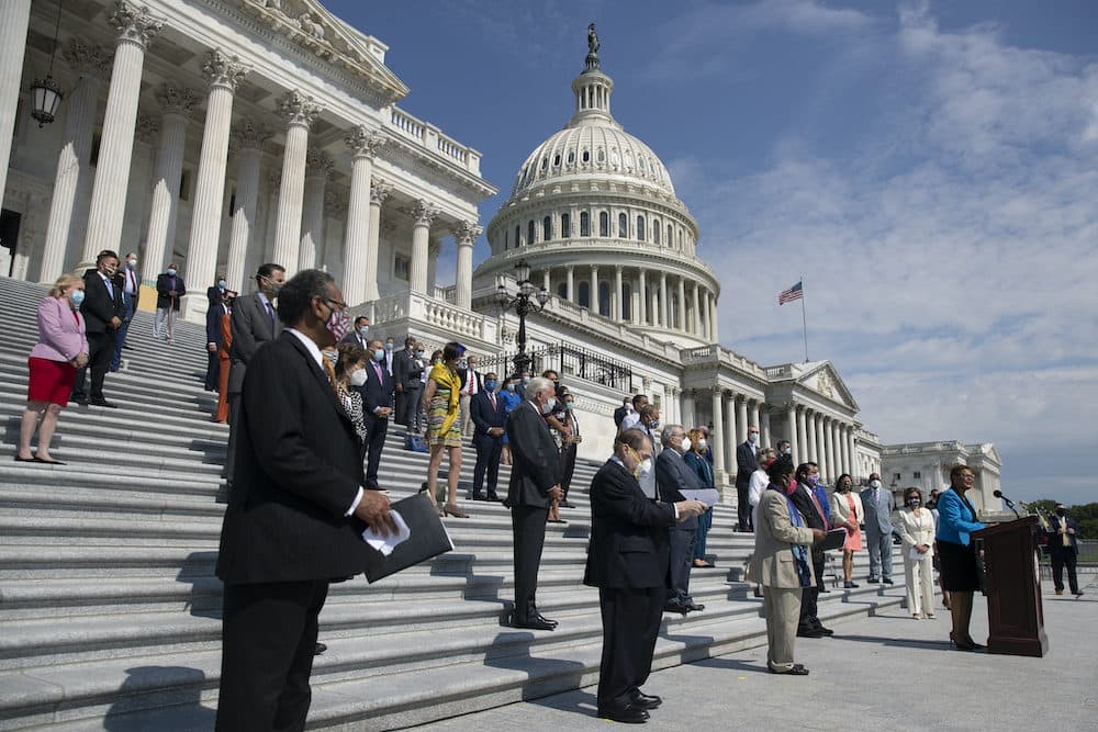 House Democrats at a news conference on the House East Front Steps on Capitol Hill in Washington, Thursday, June 25, 2020, ahead of the House vote on the George Floyd Justice in Policing Act of 2020. (AP Photo/Carolyn Kaster)