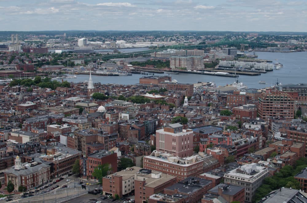 Boston's North End, one of the neighborhoods where tour guides used to ply their trade before the pandemic, as viewed from the Custom House Tower. (Sharon Brody/WBUR)