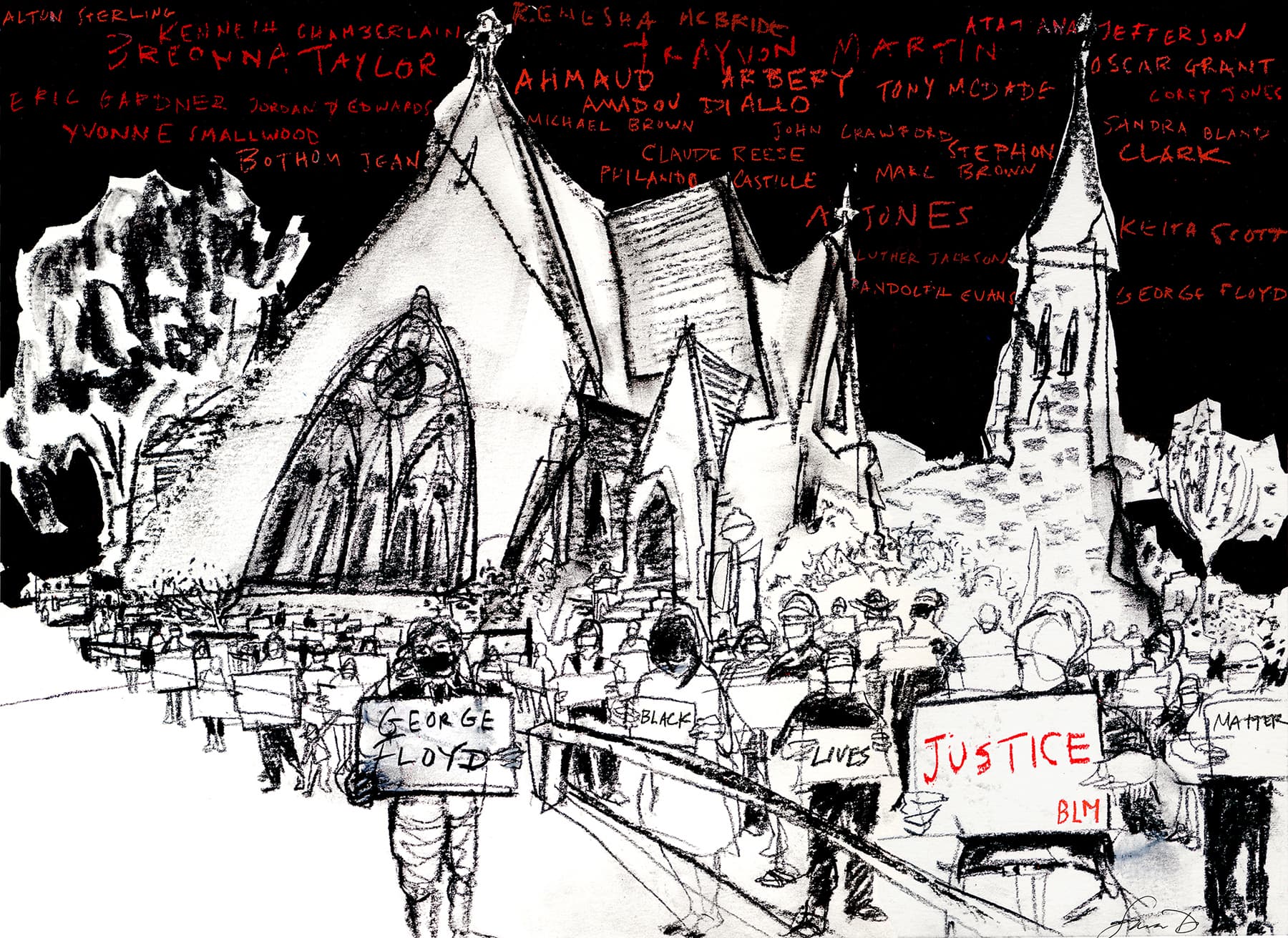 Sara Dilliplane's sketch of a silent vigil at Old Cambridge Baptist Church that was held before George Floyd’s funeral. (Courtesy)