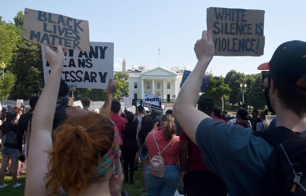 Protesters hold placards in Lafayette Park, across from the White House to protest against police brutality. (Olivier Douliery/AFP via Getty Images)
