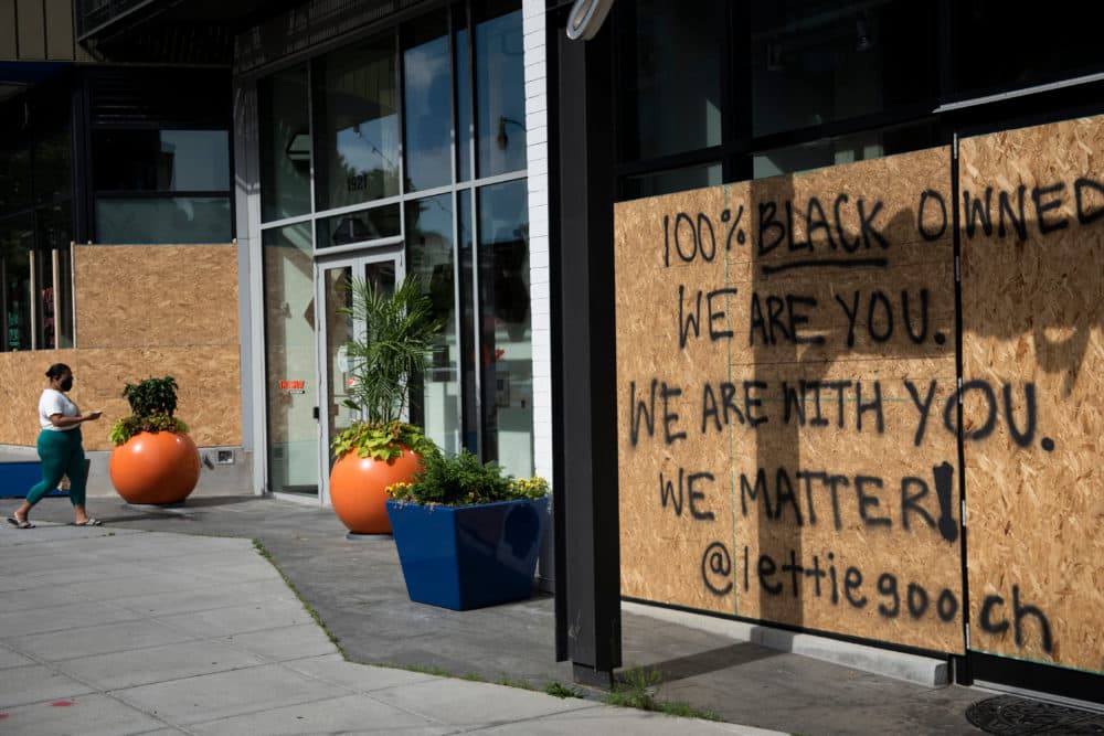 The store front of Lettie Gooch, one of the many black-owned businesses near U Street, is seen boarded up on June 15, 2020, in Washington, D.C. (Brendan Smialowski/AFP/Getty Images)