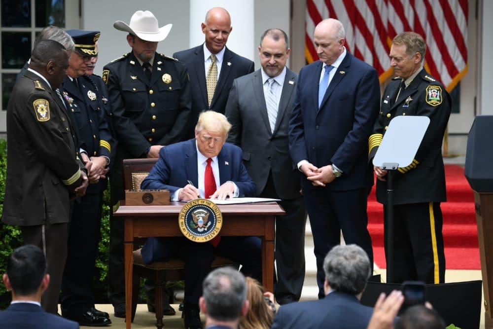 President Donald Trump signs an Executive Order on Safe Policing for Safe Communities, in the Rose Garden of the White House in Washington, DC, June 16, 2020. (SAUL LOEB/AFP via Getty Images)