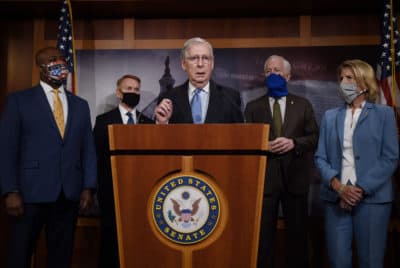 Senate Majority Leader Mitch McConnell flanked by (L to R) Sen. Tim Scott, R-SC, Sen. James Lankford, R-OK, Sen. John Cornyn, R-TX, and Sen. Shelley Moore Capito, R-WV, speaks at a news conference to announce a Republican police reform bill a news conference to announce that the Senate will consider police reform legislation, at the US Capitol on June 17, 2020 in Washington, DC. (Olivier Douliery/AFP via Getty Images)