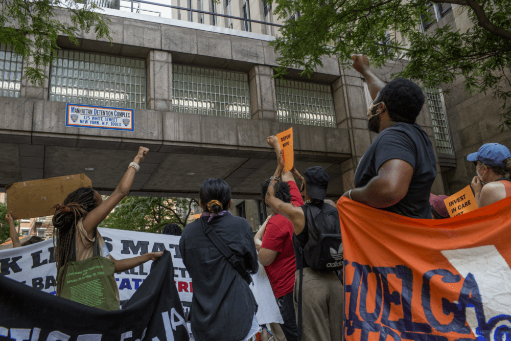 Black Lives Matters activists and criminal justice reform advocates hold a protest rally calling for the abolishment of all jails and prisons outside the Tombs, the Manhattan jail renamed the Manhattan Detention Complex, on June 20, 2020 in New York City. (Andrew Lichtenstein/Corbis via Getty Images)