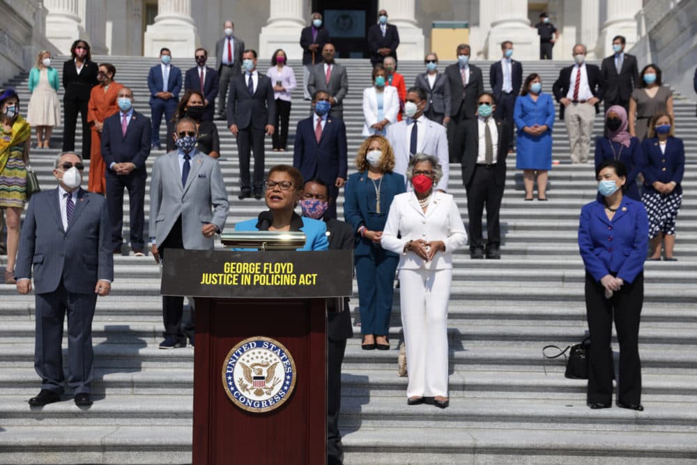 U.S. Rep. Karen Bass (D-CA) speaks as other House Democrats listen during an event on police reform June 25, 2020 at the east front of the U.S. Capitol in Washington, DC. (Alex Wong/Getty Images)