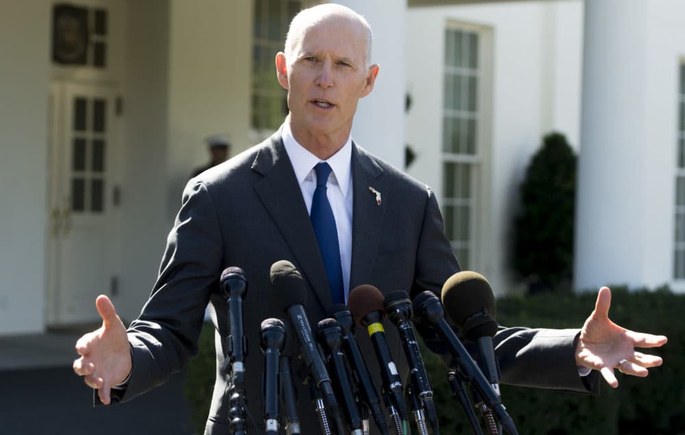 Rick Scott, then governor of Florida, speaks to the media outside the West Wing of the White House in Washington, D.C., on Sept. 29, 2017. (Saul Loeb/AFP/Getty Images)