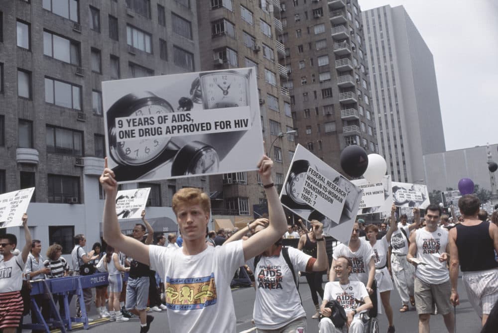 Marchers at the Pride Parade, Sunday, June 25, 1989 in New York, New York, carry signs '9 years of AIDS, One drug approved for HIV.'  (Mariette Pathy Allen/Getty Images)