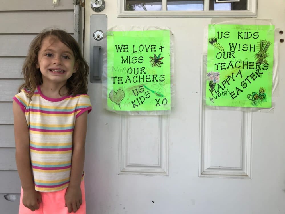 Peter O’Dowd’s 4-year old daughter, Marissa, outside her daycare, which has been closed since March. (Courtesy)