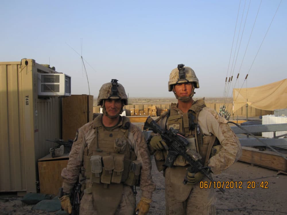 Jake Auchincloss, R, with a fellow Marine, L, in Helmand Province, Afghanistan, where he commanded infantry in 2012. (Courtesy Jake Auchincloss)