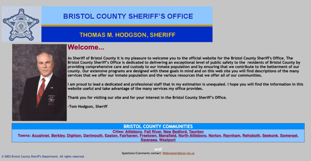 The Bristol County Sheriff's Office homepage in 2003, as captured by the Internet Archive's Wayback Machine. 