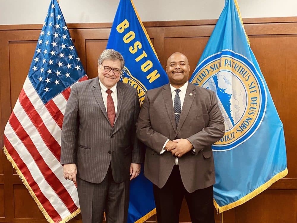 Attorney General William Barr meets with Boston Police Commissioner William Gross on Thursday, June 18, 2020. (Department of Justice via Twitter)
