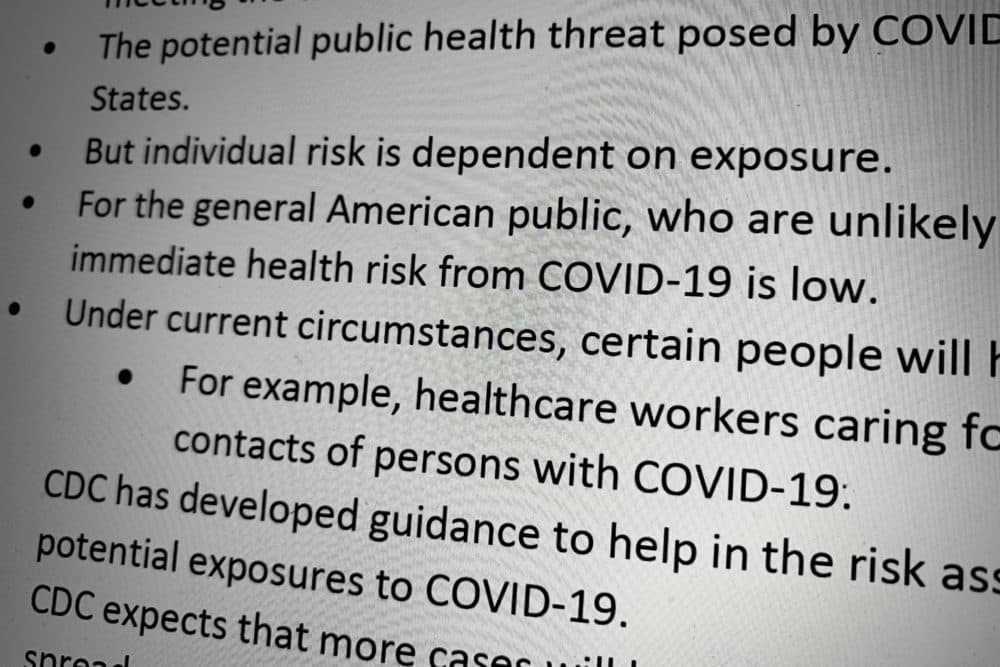 An image of a Centers for Disease Control and Prevention &quot;daily key points&quot; memo to states sent on Feb. 26. (Jesse Costa/WBUR)