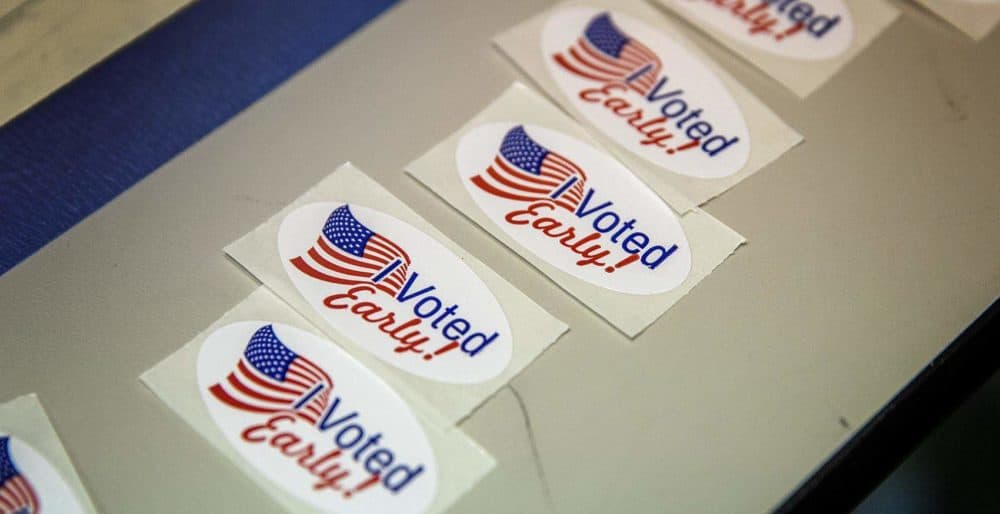 “I voted early” stickers at early voting in Cambridge, Mass. in February 2020. (Robin Lubbock/WBUR)
